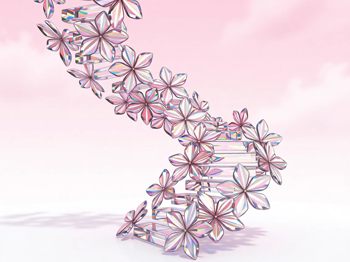 A dreamlike staircase of falling cherry blossoms ascending into a pink sky.