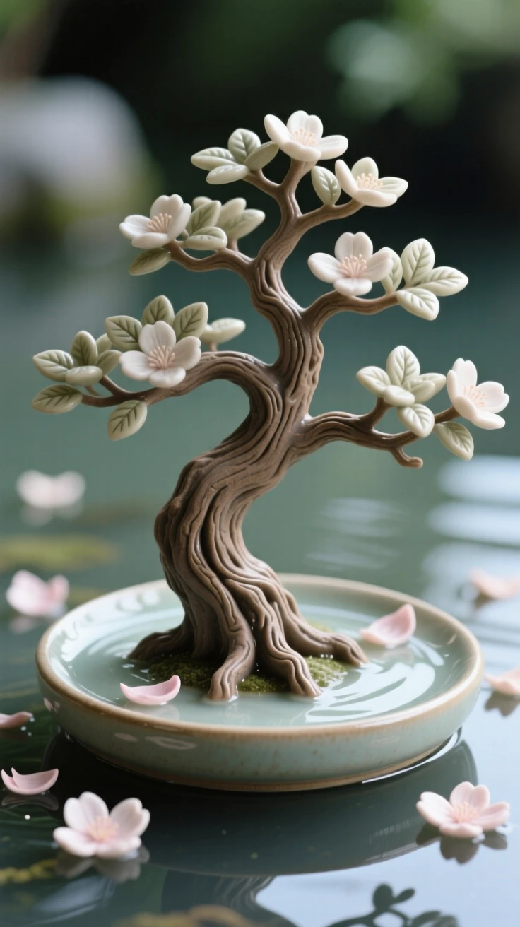 A bonsai tree shaped by patient hands resting delicately atop still water, surrounded by scattered fallen petals, radiating freshness and natural elegance.