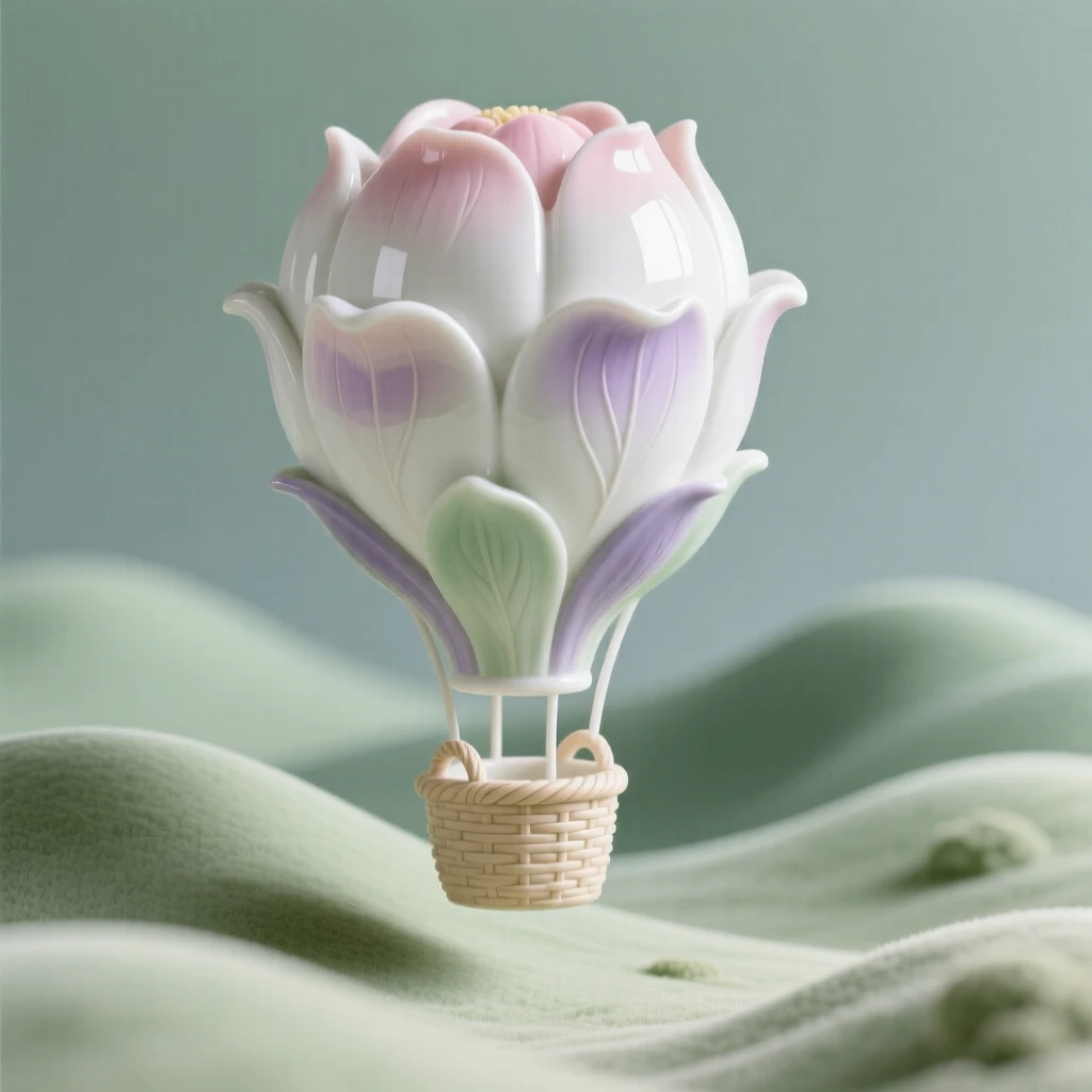 A dreamlike scene of a hot air balloon shaped like a blooming flower drifting over hills, evoking a gentle sense of magic and possibility.