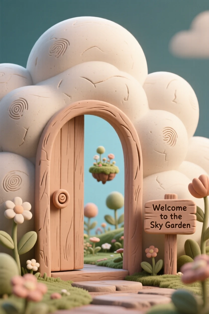 A door built into a cloud, opening onto a floating garden