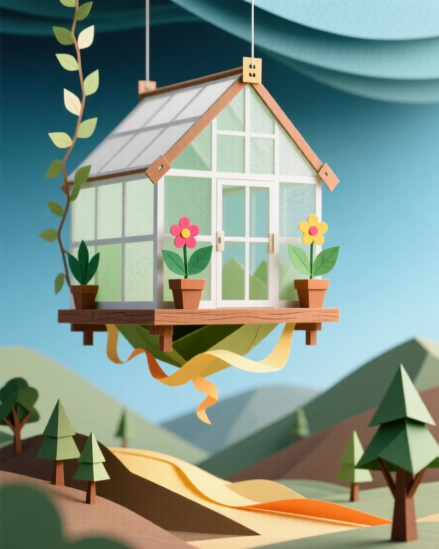 A floating greenhouse suspended in the sky floating gently above a quiet valley, with soft golden light spilling outward, capturing whimsical, surreal beauty.