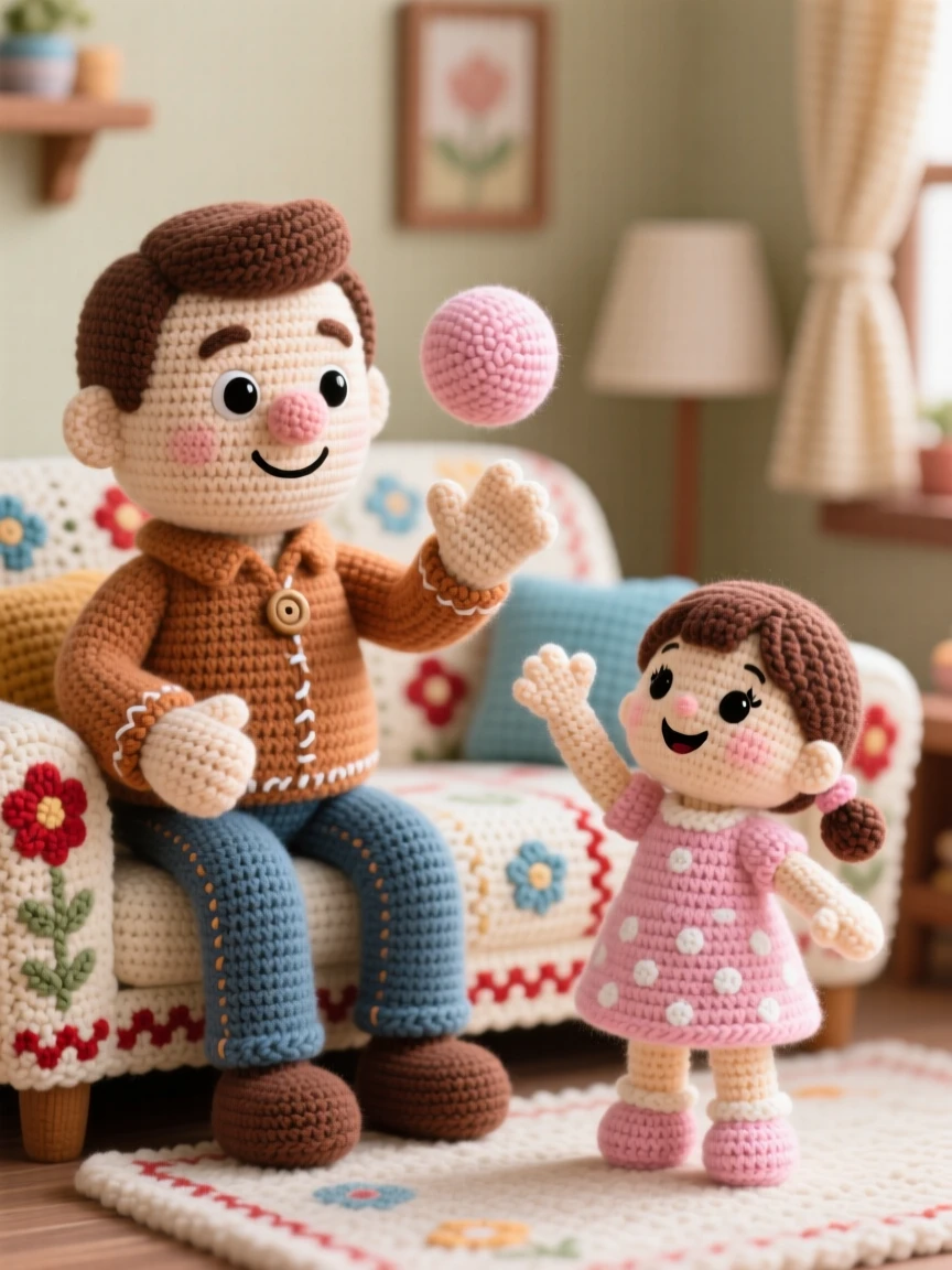 A heartwarming family moment: a father teaching his daughter to play catch tossing a soft ball back and forth, cheering when she catches it successfully within a warm and welcoming family living room; a warm quilt draped over a nearby chair nearby, full of quiet tenderness between generations.