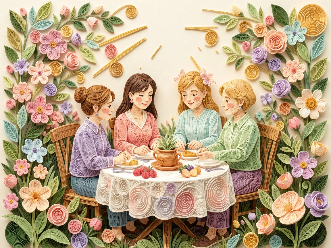 A heartwarming moment of a family gathered around a table sharing a warm meal in a lush backyard garden in full bloom, in tender pastel morning light, composed with warm golden light wrapping around the scene.