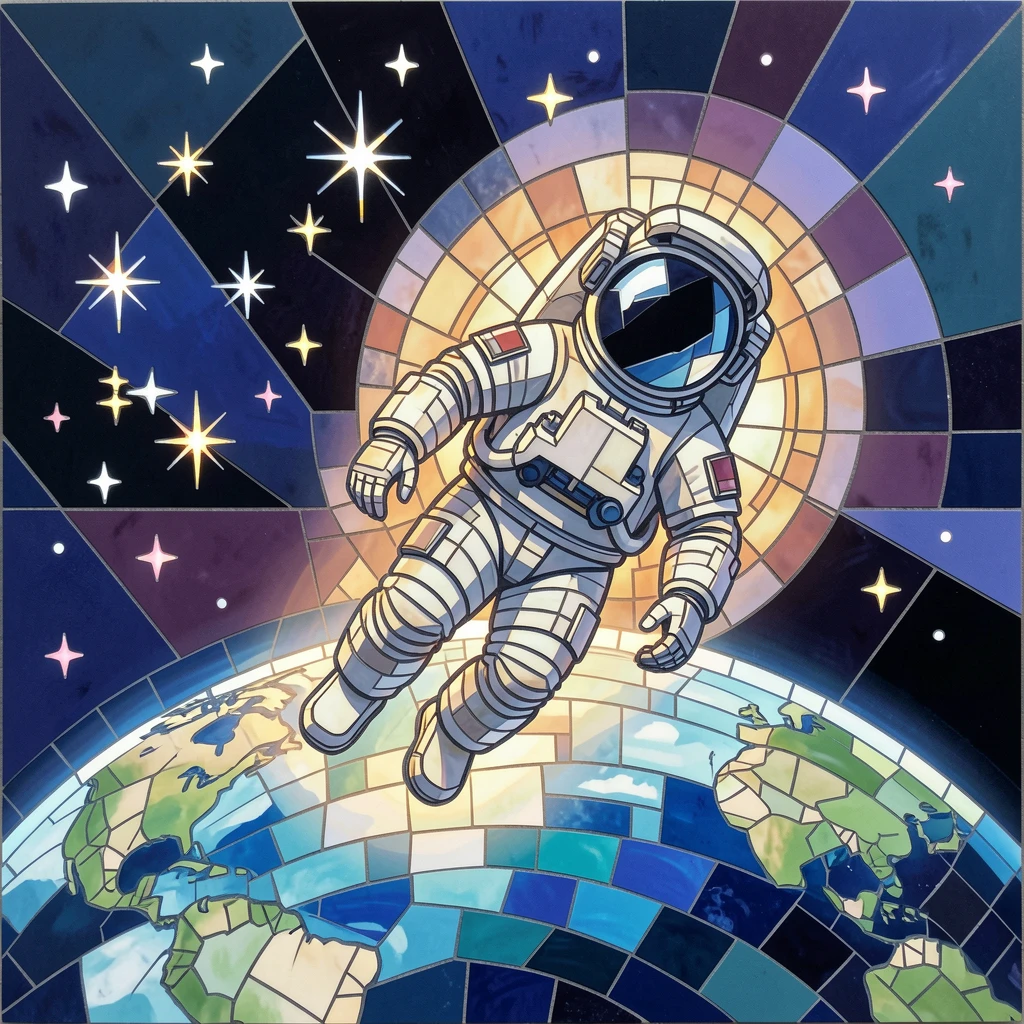 A breathtaking cosmic view of a lone astronaut floating above the glowing curve of Earth, with rich stars and glowing light.