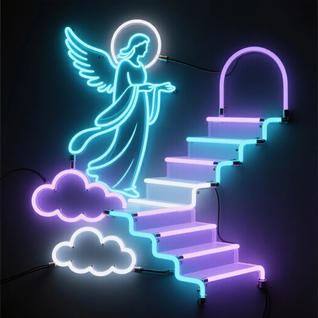 A celestial being descending a staircase of clouds.