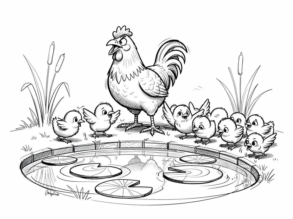 A chicken herding a group of baby chicks like a tiny army beside a garden pond.