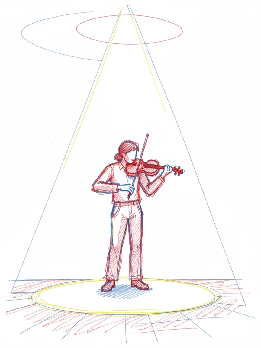 A solo violinist performing beneath a single spotlight on an empty stage