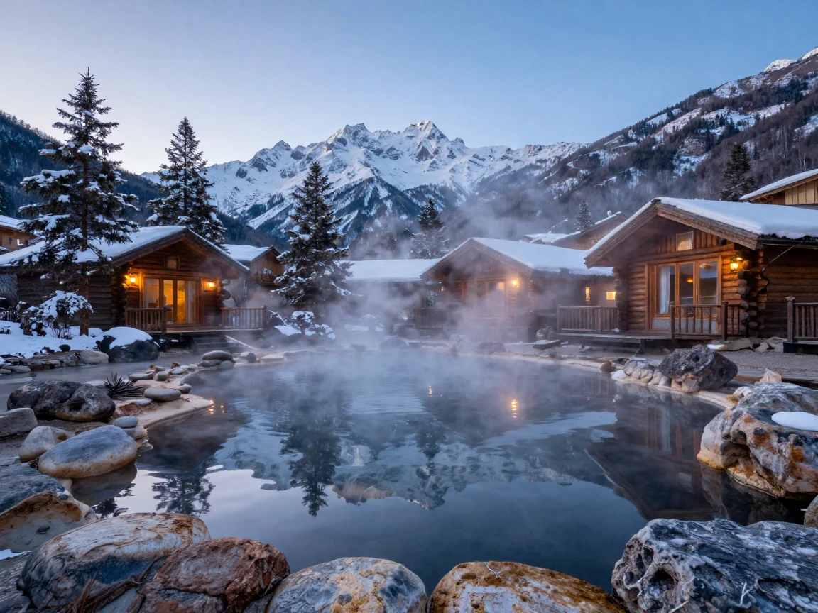 A hot spring resort steaming beside snow-capped mountains