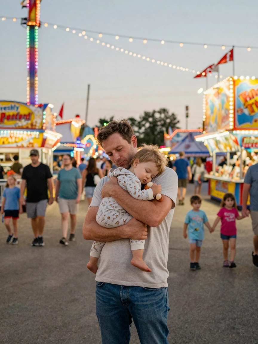 A father carries a sleepy toddler through an amusement park after a long day.