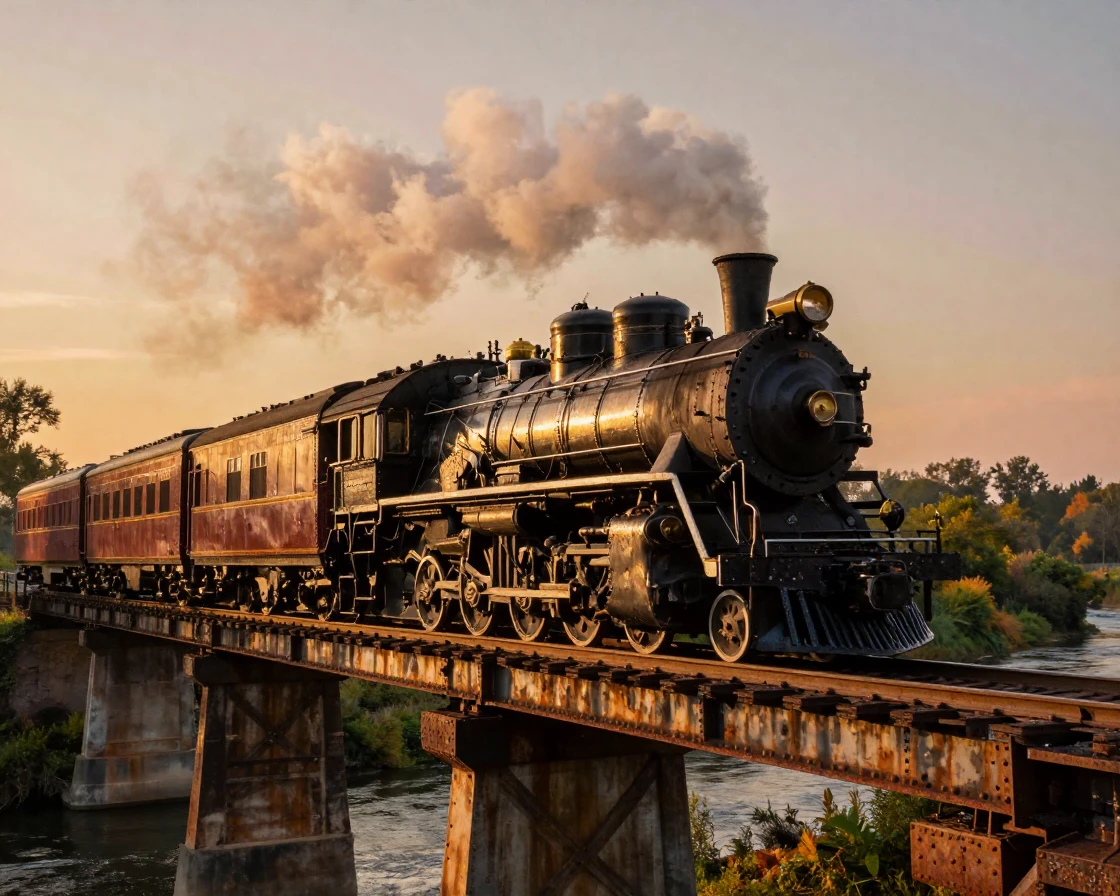 A vintage steam train crossing an old iron bridge in the golden light of late afternoon