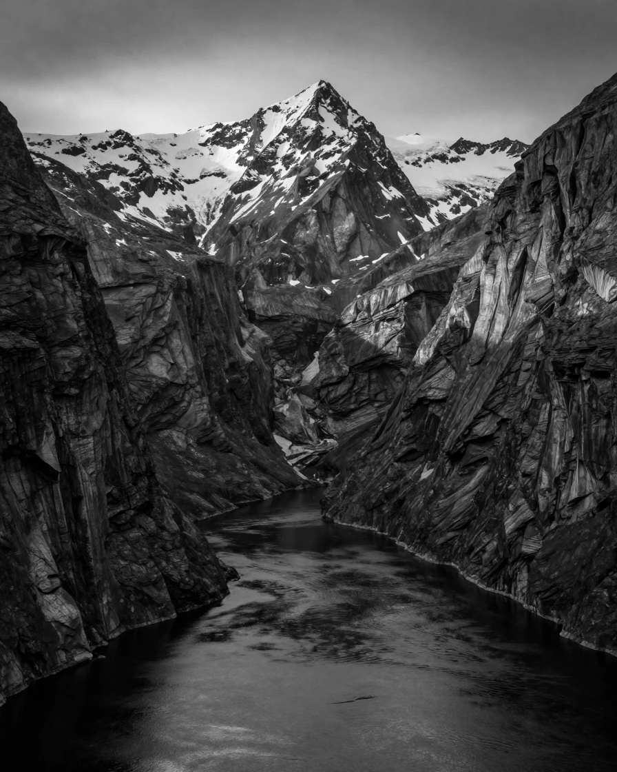 A fjord cuts deep between towering cliffs beneath snow-dusted peaks.