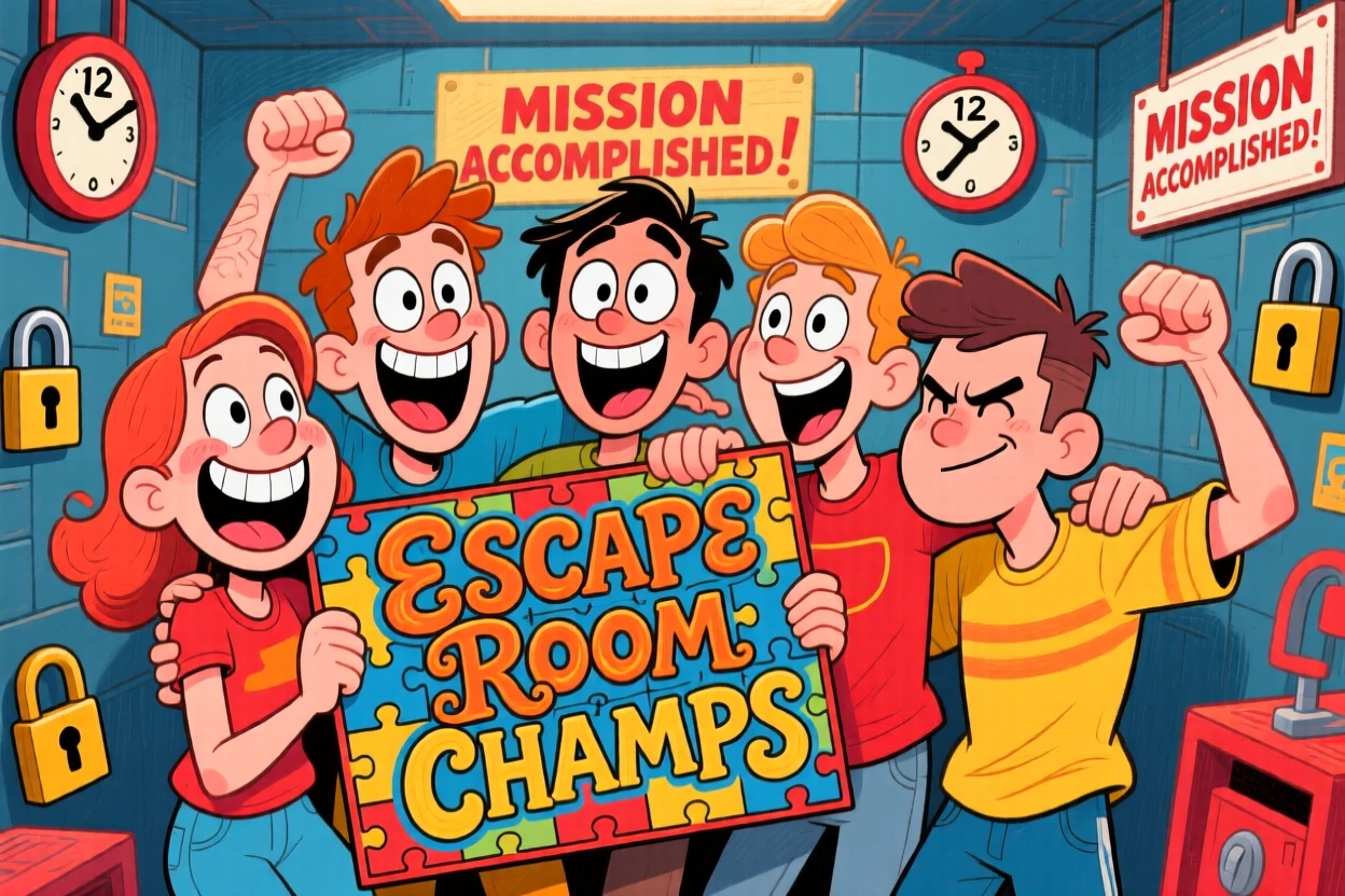 A group of friends at an escape room, triumphantly holding up a solved puzzle.
