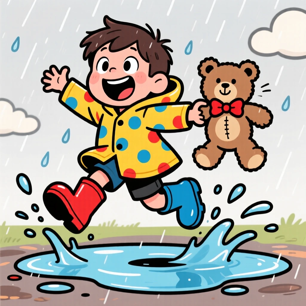 A playful childhood moment of a little boy jumping joyfully into a puddle in rain boots, with a favorite stuffed animal close at hand.