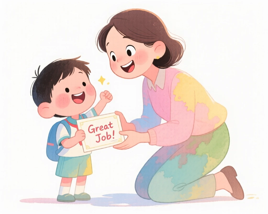 An uplifting, heartwarming moment of a teacher kneeling to celebrate a student's small victory