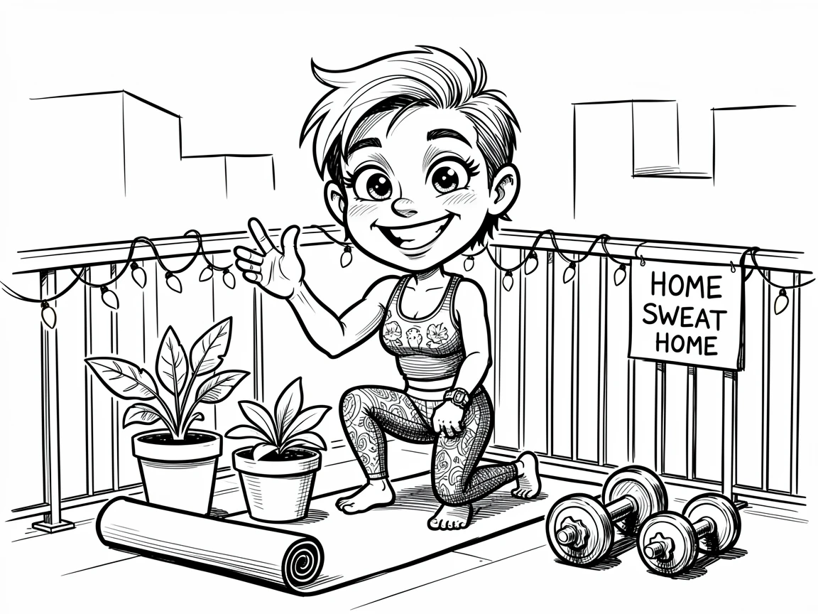 [Trending & Universal Topics] Modern lifestyle scene of a creative home fitness enthusiast decorating a small apartment balcony, capturing everyday joy