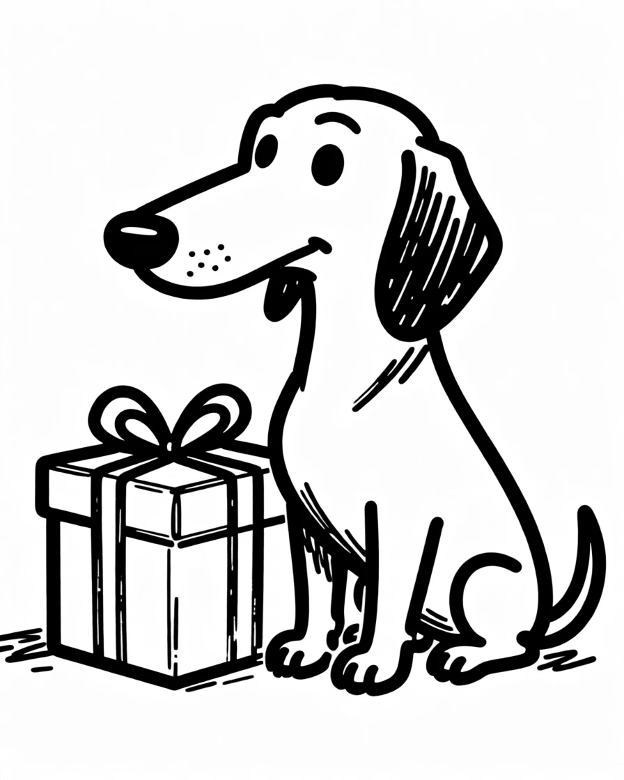 A dachshund wearing a knitted holiday sweater, sitting beside a wrapped present twice its size.