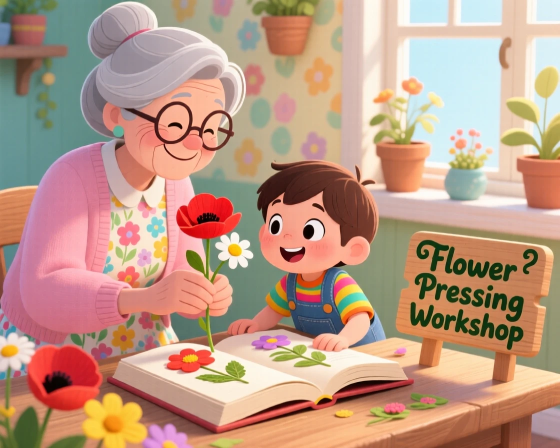A grandmother teaching her grandchild to press flowers between book pages.