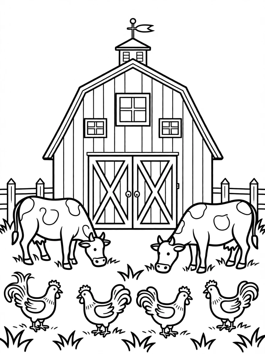 A red barn surrounded by grazing cows and clucking chickens