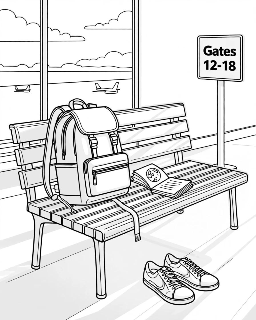 A backpack and passport resting on an airport bench, with a warm golden light bathing the scene.