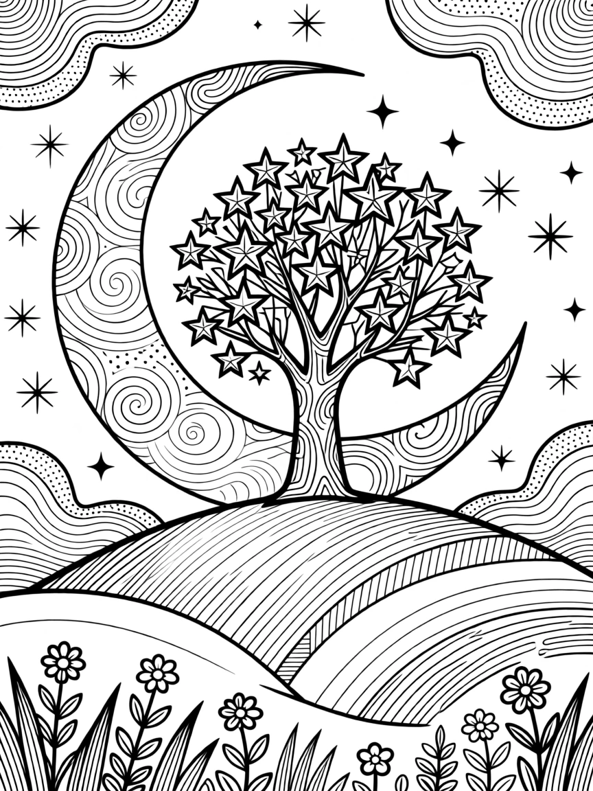 A single tree of stars growing from a quiet moonlit hill.