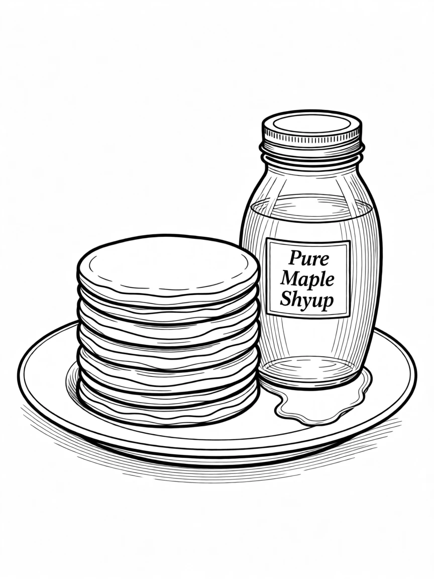 A stack of pancakes cooling beside a jar of maple syrup