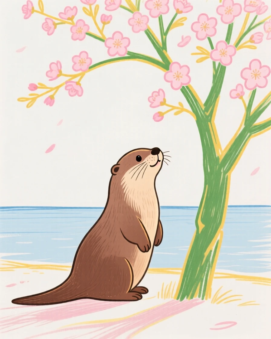A playful otter watching the horizon under a blossoming tree on a quiet summer afternoon.
