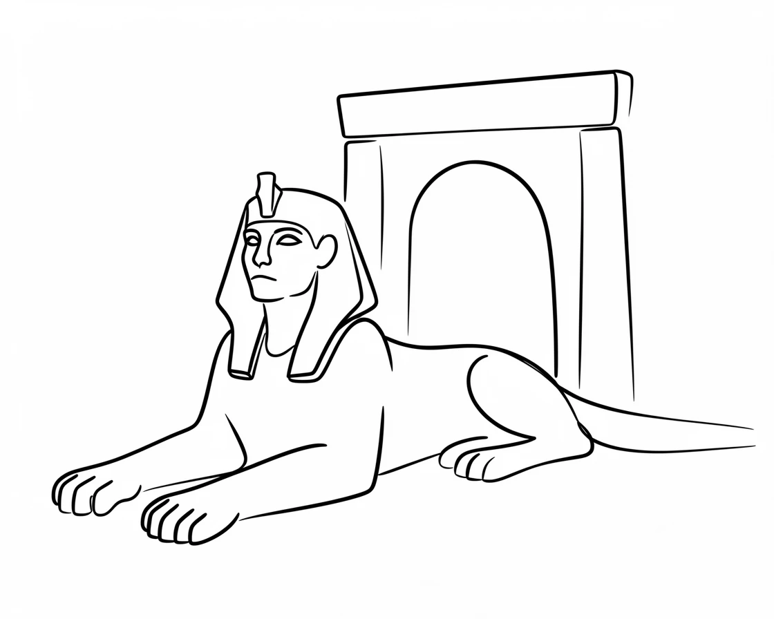 A sphinx statue guarding the entrance to an ancient desert temple