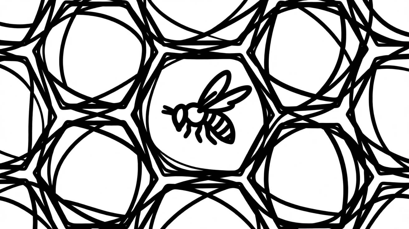 A geometric honeycomb pattern with a single bee resting at its center.