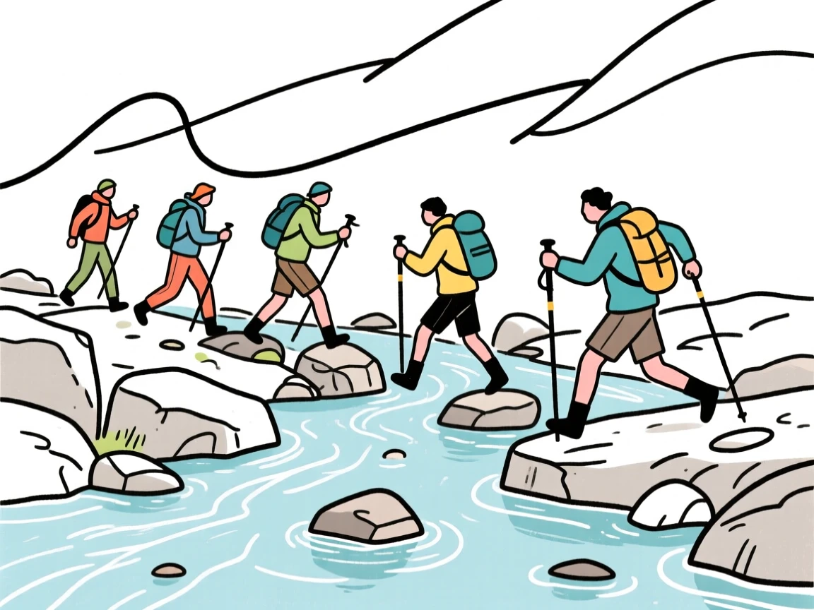 A group of adventurers crossing a rocky riverbed during a trek.
