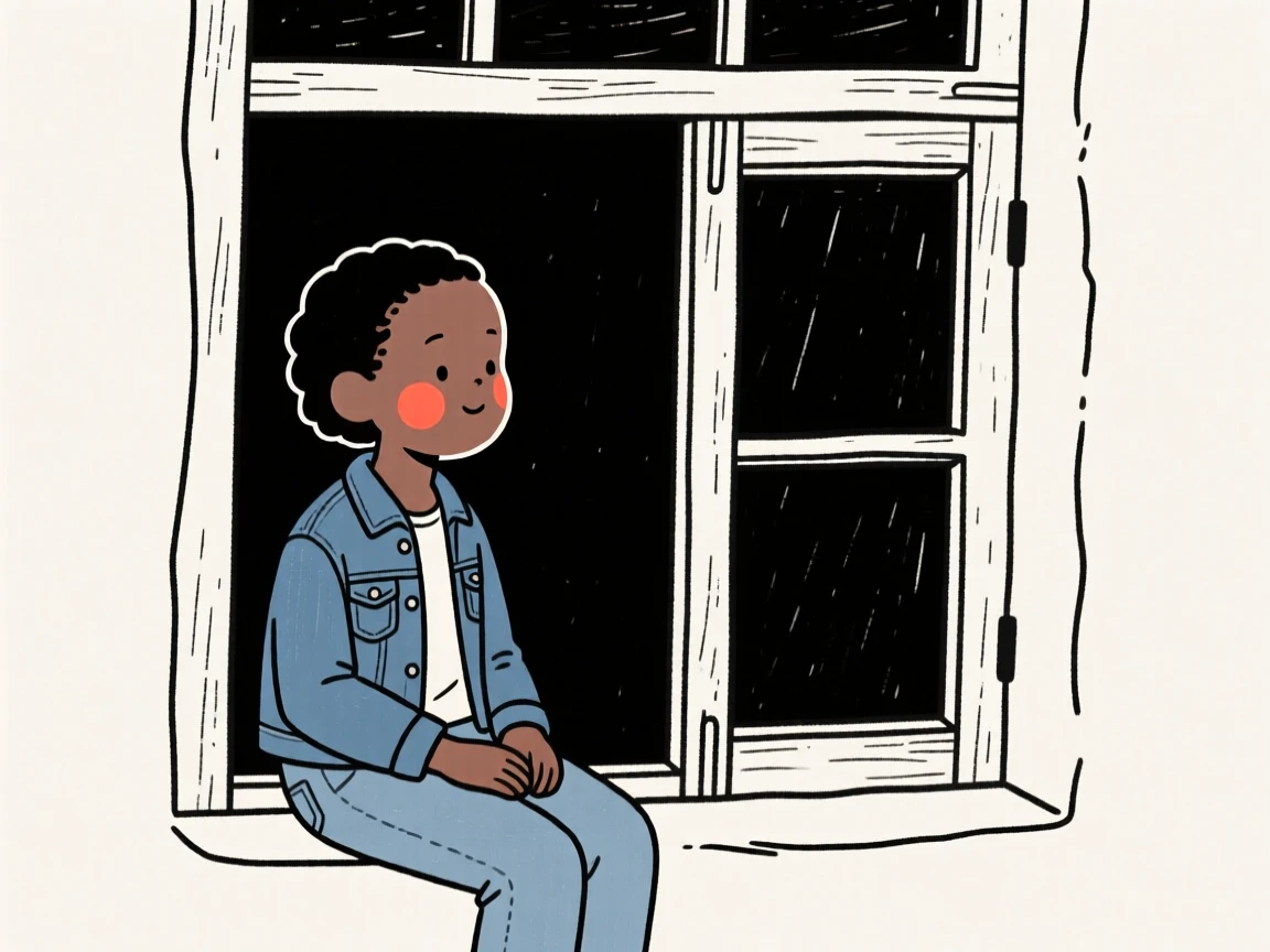 A little girl of Kenyan heritage in a denim jacket and jeans, resting in calm stillness, by a rustic farmhouse window.