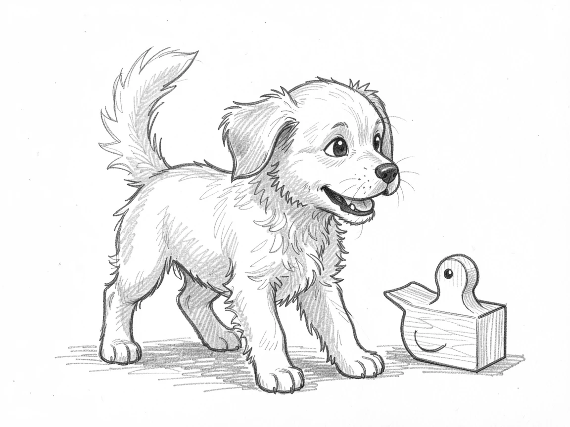 An irresistibly cute scene of a puppy chasing its own tail in delight beside a small wooden toy, radiating pure innocent charm.