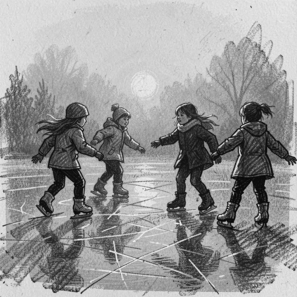 Children ice skating on a frozen pond at dusk, with a gentle mist rolling through the background.