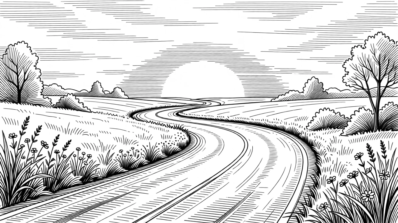 A winding country road leading toward a glowing horizon at dawn.