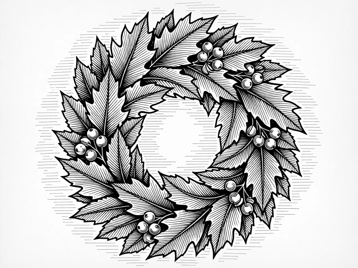 An ornamental wreath of autumn leaves and berries set against a softly textured background, with a harmonious balance of positive and negative space, forming a richly ornamental decorative composition.