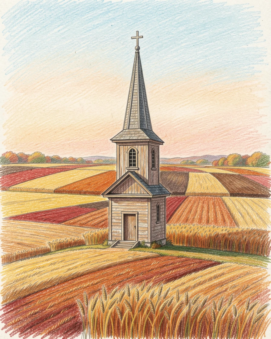 A rural chapel steeple rising above a patchwork of harvest fields, framed thoughtfully to draw the eye toward the central subject, full of charm, emotion, and visual delight.