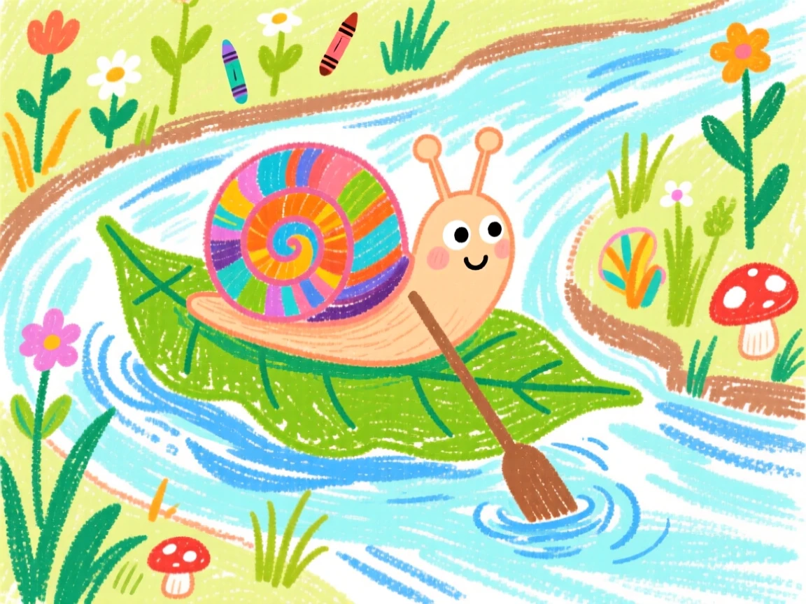A curious snail riding a leaf boat down a garden stream.