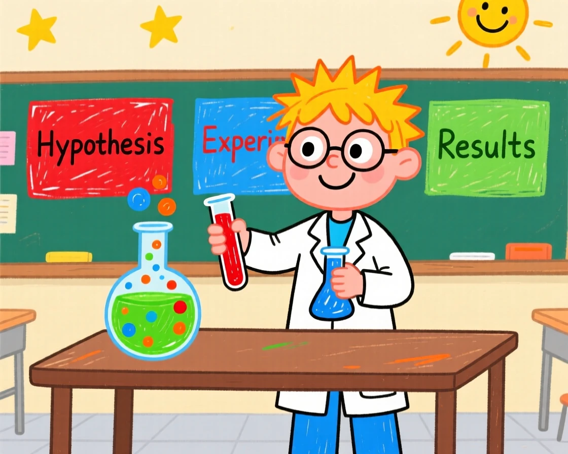 A young scientist mixing colorful liquids in a school science fair project.