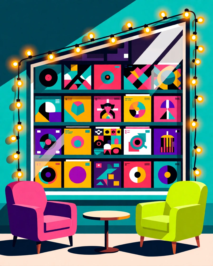 A colorful record shop window filled with album art, surrounded by warm string lights and cozy seating, composed with playful diagonal energy, with vibrant, trendy colors that feel fresh and current.