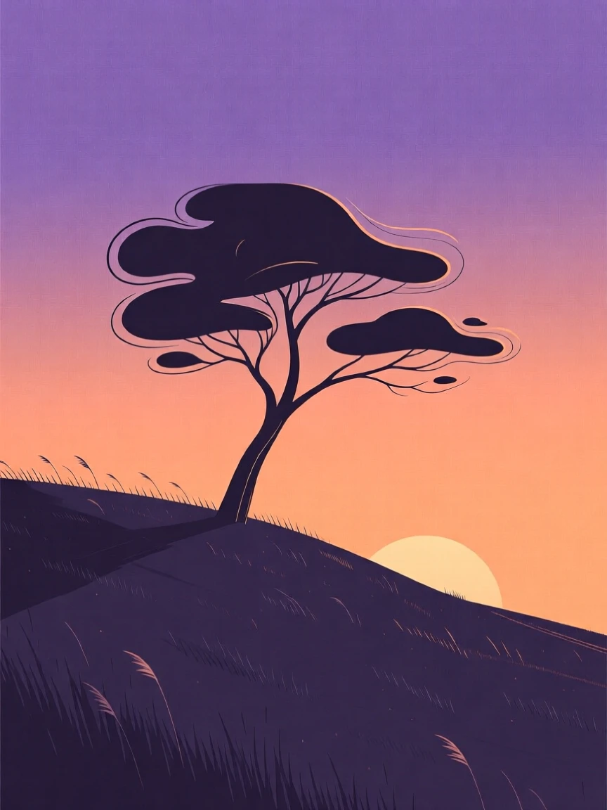 A single tree standing alone on a windswept hillside at sunset.