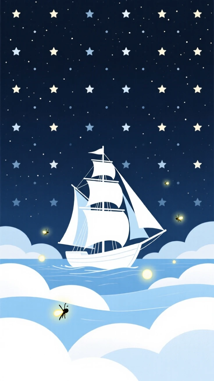 A magical ship sailing across a sea of clouds nestled within an endless field of stars, glowing near tiny glowing fireflies, full of wondrous imagination.