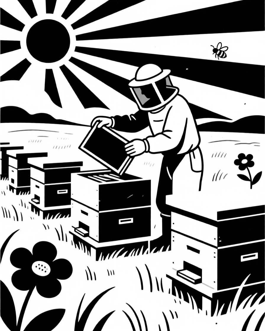 A beekeeper tending to hives in a sunny field.