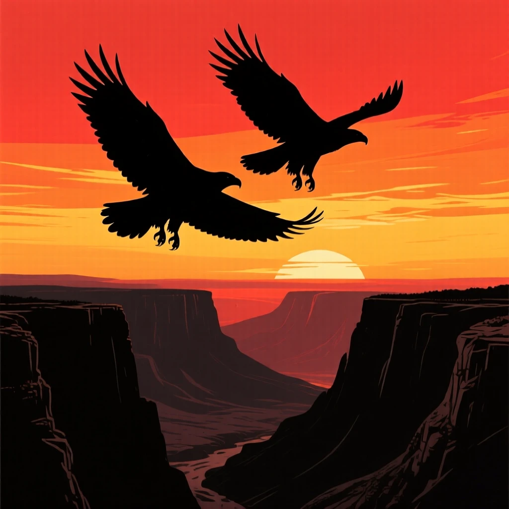 A pair of eagles soaring together above a vast, sunlit canyon.