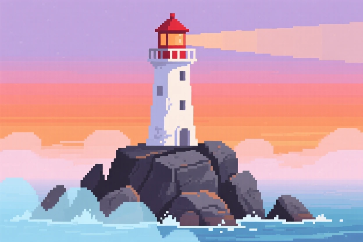 A lighthouse on a rocky point wrapped in a light morning mist, under a sky painted with the colors of sunset.