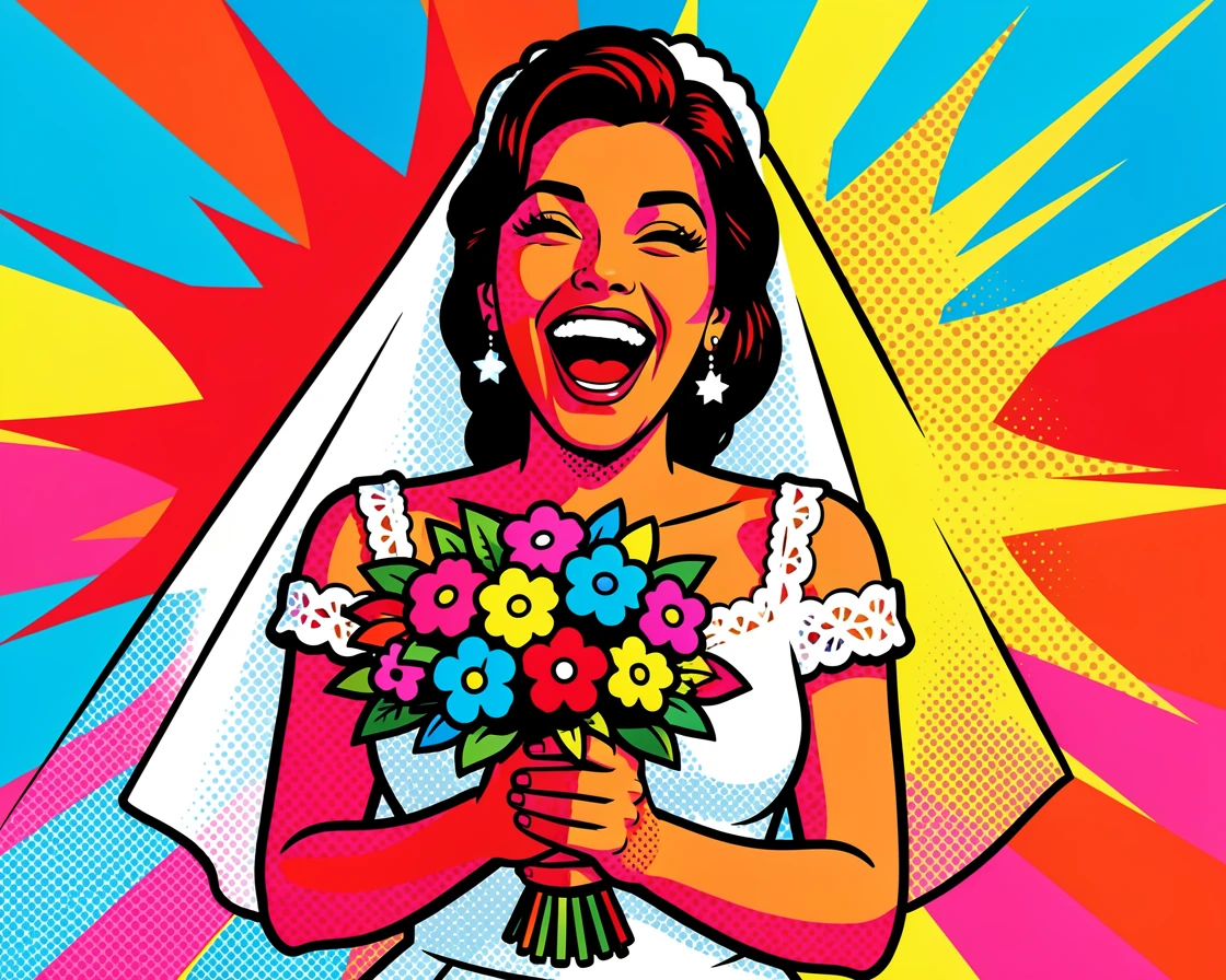 A bride laughing joyfully while holding her bouquet