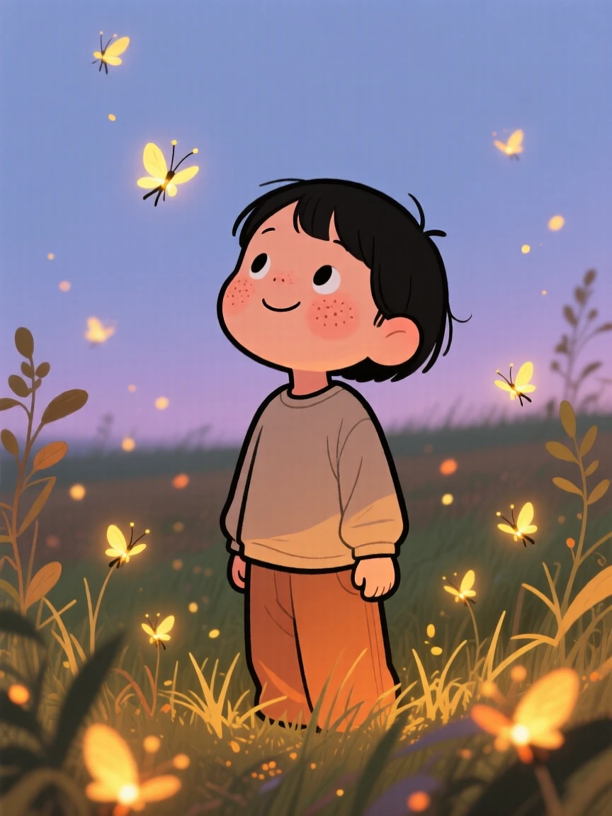 A young child looks up in quiet wonder at a field of fireflies, a soft smile spreading across their face as a feeling of gratitude settles over the scene.