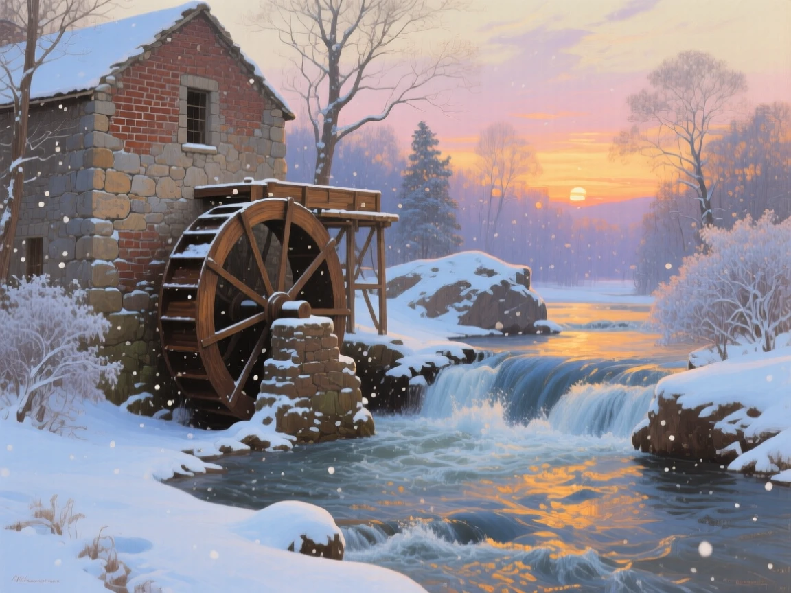 A balanced composition of an old stone watermill beside a rushing stream, in gentle falling snow, in the last light of sunset.