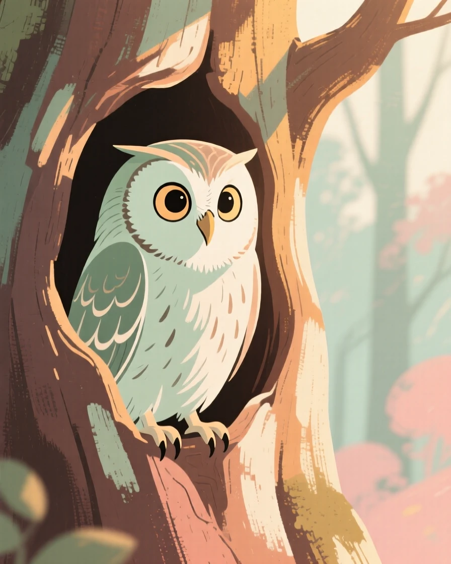 A wise old owl perched inside a hollow oak tree