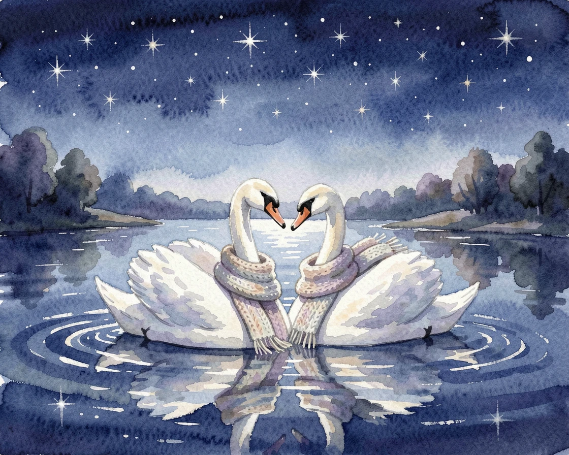 A pair of swans gliding across a lake beneath a starry sky wearing a cozy knitted scarf.