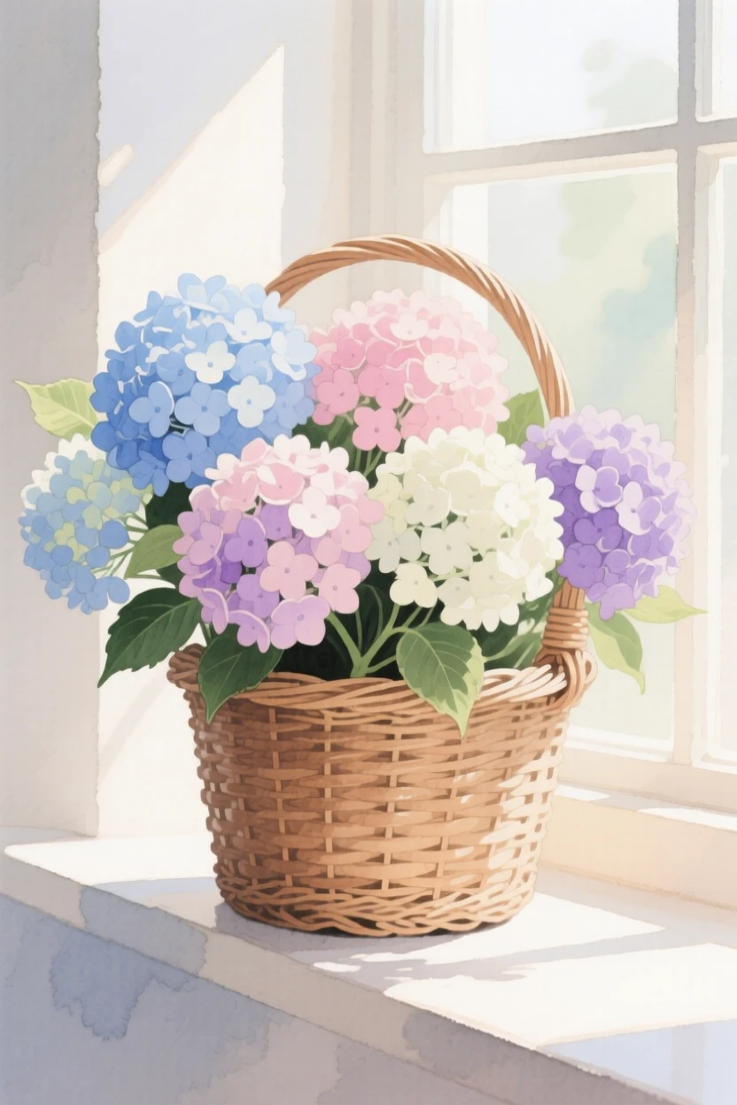 A bouquet of hydrangeas in soft, layered tones fills a woven wicker basket on a sunlit windowsill, petals catching the gentle light