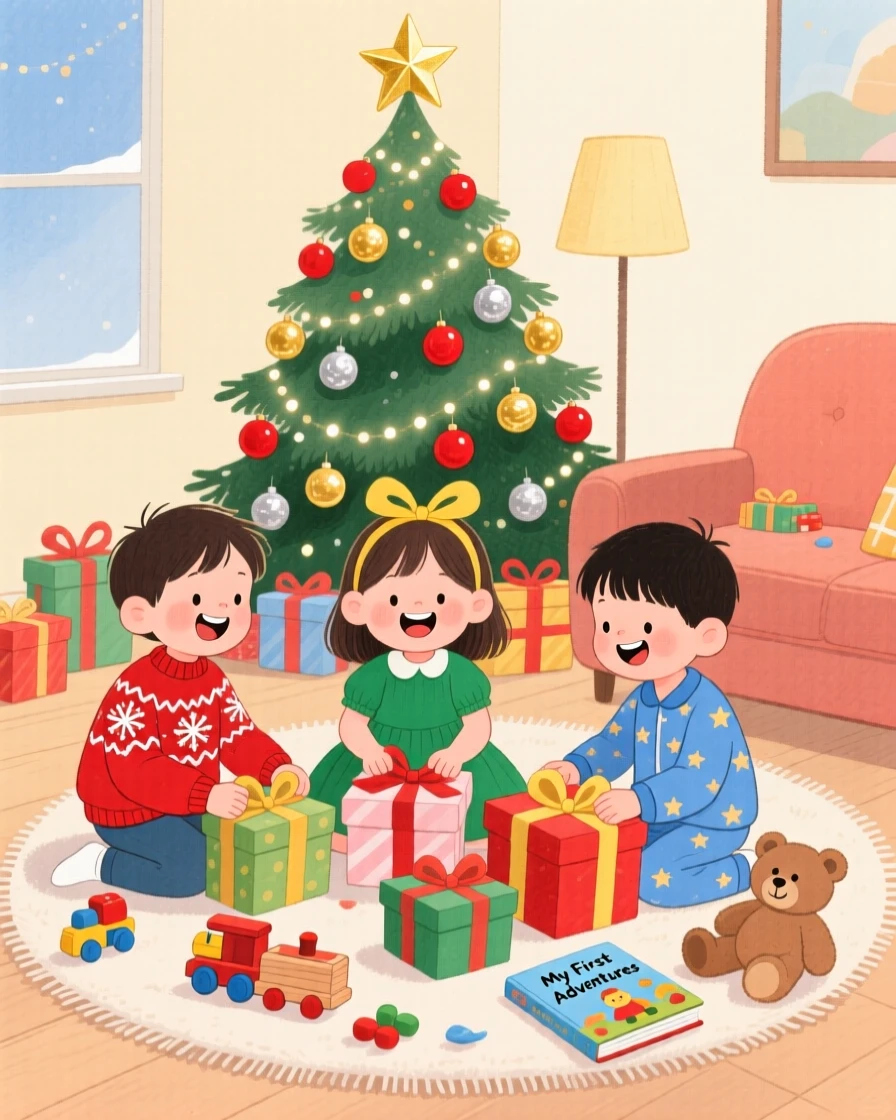 A joyful scene of children opening presents on a festive morning.